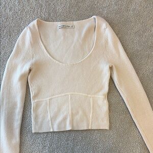 Abercrombie & Fitch Cream Ribbed Fitted Long Sleeve Top